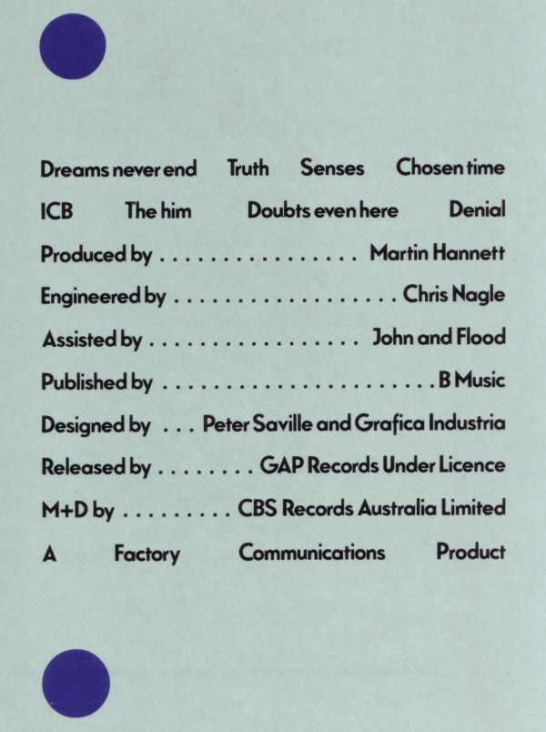 Back cover from CBS Records Australia release.