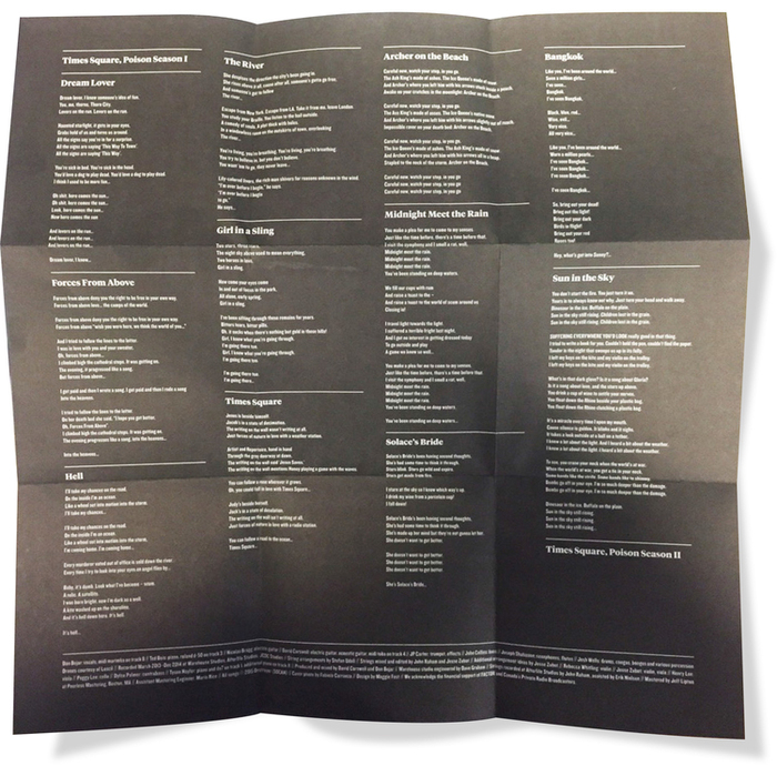 Back of the liner notes. Song titles set in Tiempos and lyrics set in Knockout.