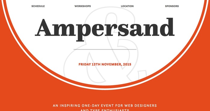 Homepage for Ampersand 2015 conference uses bold typesetting with animation to create deeper emphasis.