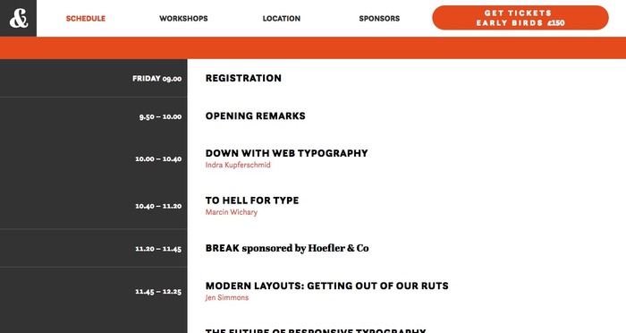 The use of Questa to highlight a sponsored event creates a striking differentiator between information types within the schedules page.