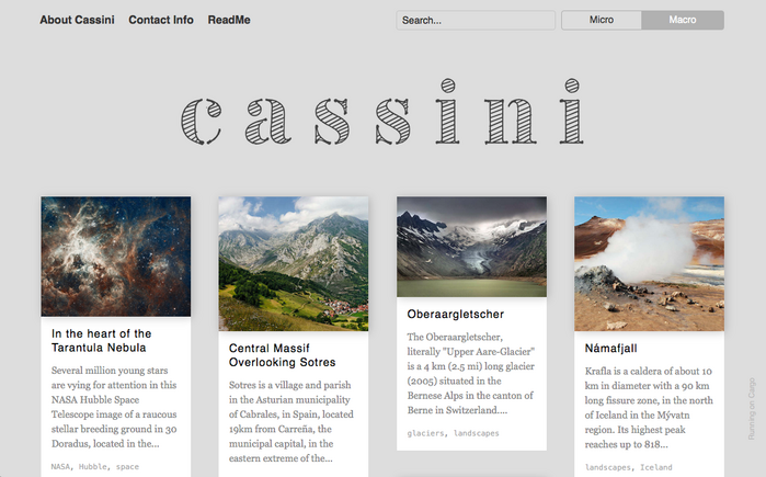 The header image for the Cassini theme is set amply spaced lowercase letters from the Sketch style of Andreas Seidel’s Vtg Stencil Germany No.1. This font contains several alternates for each character which, combined with an intelligent OpenType flipper feature, can emulate a handmade look. Here, these alternates have not been used.