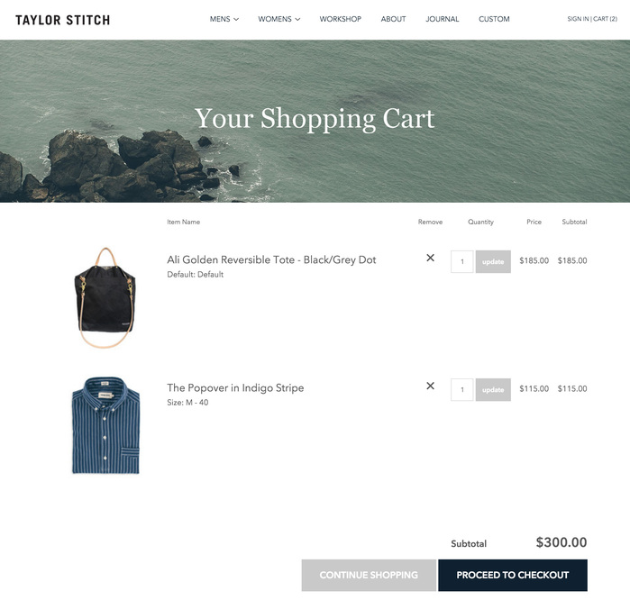 Airy is the current trend in web design, but this is the roomiest cart I’ve ever seen. It’s certainly calming. Maybe it calms customers into calmly pushing the checkout button.