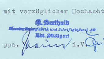 Like the letterhead, the rubber stamp combines Trump-Deutsch and Walbaum-Kursiv.