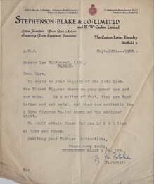 Stephenson Blake & Co Ltd letterhead, 1950
