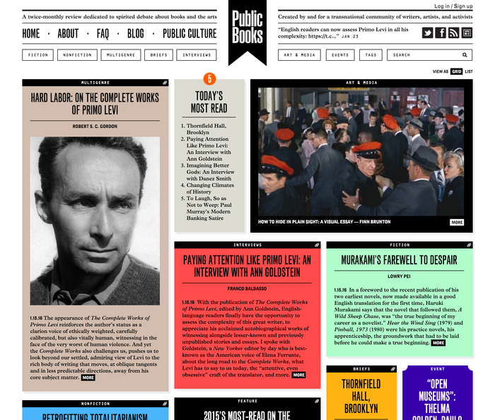 Public Books homepage. Logo in Helvetica Ultra Compressed. MT Grotesque Extra Condensed for headlines and main nav. Grotesque Display Bold Condensed for bylines. OCR-B for nav and slugs. Plantin&nbsp;for&nbsp;text.