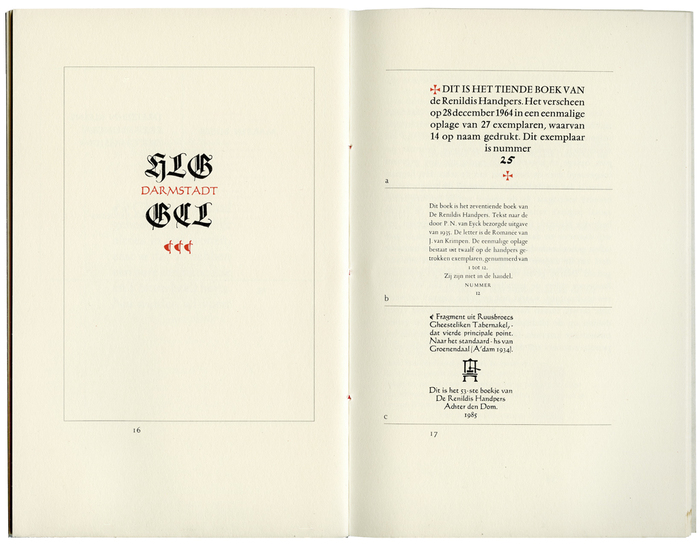 Left: from Denken und Lesen und Schreiben und Drucken by Georg Christoph Lichtenberg, set in Wilhelm-Klingspor-Schrift and Codex; right: excerpts from other editions, set in Vendôme, Romanée and Codex.