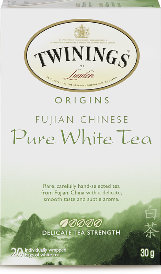 The packaging for Fujian Chinese Pure White Tea features Present, a calligraphic typeface commonly associated with “Asianness”. It was designed by German graphic artist Friedrich Karl Sallwey in 1974.