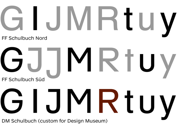 The Design Museum’s ID font is a combo of various glyphs from FF Schulbuch Nord and Süd. The Akzidenz-Grotesk-style ‘R’ was a unique addition.