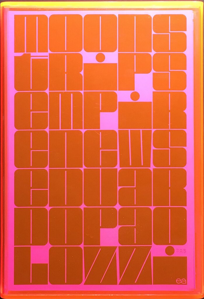 Title page as seen through the pink acrylic box.