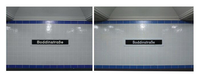 Boddinstraße station in 2008 (left) and in February 2016 (right). The former features a different (intermediate?) style, bolder in weight and with a monocular ‘a’. Here’s an image of an older sign with the letterforms that presented the model for the U8 typeface.