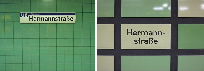 Hermannstraße station with a standard sign in FF Transit, the corporate typeface of the BVG as introduced by MetaDesign in the 1990s (left), and the new retro signage in U8.