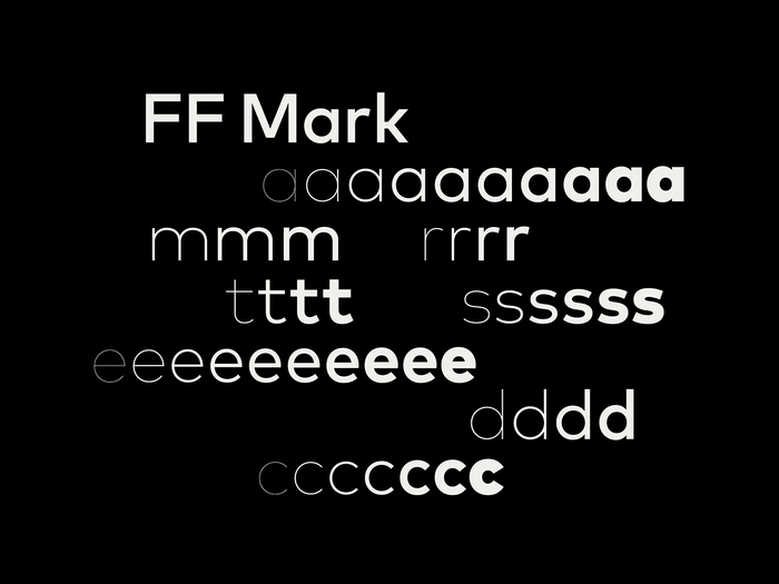 Designed by Hannes von D&ouml;hren and Christoph Koeberlin in 2013, FF Mark filled a gap in FontFont&rsquo;s library: a geometric sans with a large lowercase. This sample image is by Pentagram, who is admirably steadfast in crediting the type they use.