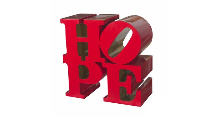 HOPE (Red/Gold), 2009. Painted aluminum. 36 × 36 × 18 in. 91.4 × 91.4 × 45.7 cm.