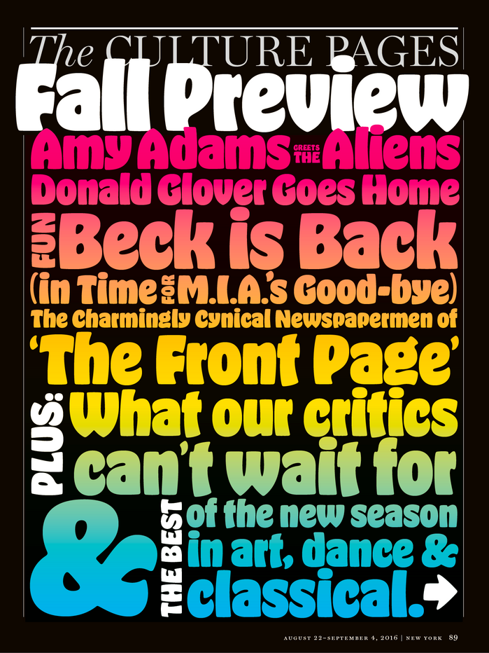 The opener page is almost exclusively set in Hobeaux Black, stacked and justified, with a rainbow gradient. Parentheses and quotes/apostrophes are taken from lighter weights of the 5-style family.