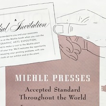 Miehle Presses ad: “Accepted Standard Throughout the World”