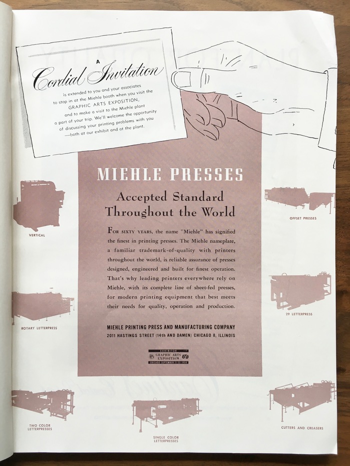 Miehle Presses ad: “Accepted Standard Throughout the World”
