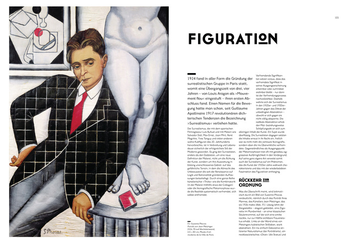 Spread from the interior with a painting by Suzanne Phocas (Portrait de Metzinger, 1926). The text typeface is yet unidentified. It’s a wonky interpretation of Edward Johnston’s typeface for the London Underground, with diamond-shaped dots and a monocular a, and doesn’t strike me as a successful choice. [Edit: It’s (a version of)  Book, see comments below.]