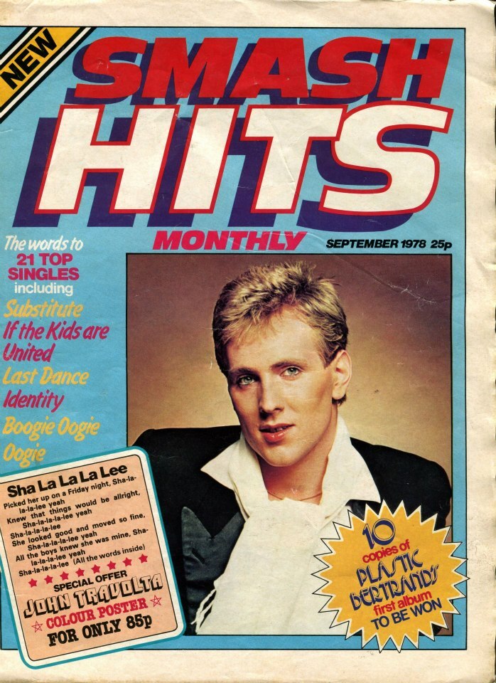 The cover of the Smash Hits prototype issue from September 1978 featured Plastic Bertrand and a logo in Antique Olive Nord Italic with dramatic drop shadow. The official No. 1 from November 1978 credits Ross George with the design.