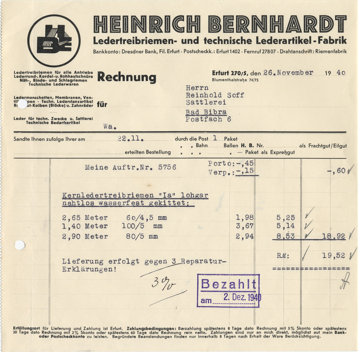 Heinrich Bernhardt invoice, 1940 1