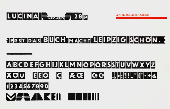 In addition to caps and border elements, Lucina’s glyph set includes numerals, punctuation marks, and “Cie”/“Co” logotypes (for Compagnie). This weight seems to be derived directly from Erbar-Grotesk fett. A specimen of the lighter weight also shows a ‘CH’ ligature.