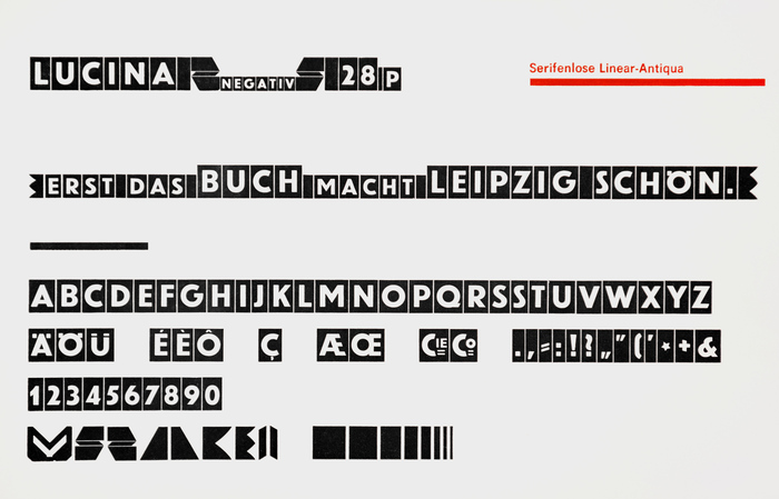 In addition to caps and border elements, Lucina&rsquo;s glyph set includes numerals, punctuation marks, and &ldquo;Cie&rdquo;/&ldquo;Co&rdquo; logotypes (for Compagnie). This weight seems to be derived directly from Erbar-Grotesk fett. A&nbsp;specimen of the lighter weight also shows a &lsquo;CH&rsquo; ligature.