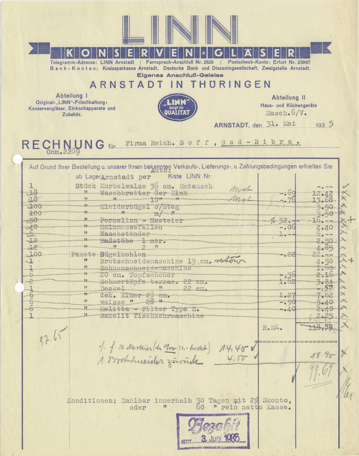 Linn Konserven-Gläser invoice, 1935 1