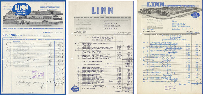 Linn invoices from 1938, 1942, 1943 (first image: muenzen-halle): Not exactly an example of brand continuity. The only constants seem to be the color blue and the badge saying “Linn guarantees quality”. None of them uses type for the “LINN” logo. In the two most recent ones (which were made by Löffler & Co, Saalfeld) the complete letterhead is lettered — a reminder that the technical development was not a one-way street from lettering towards type.