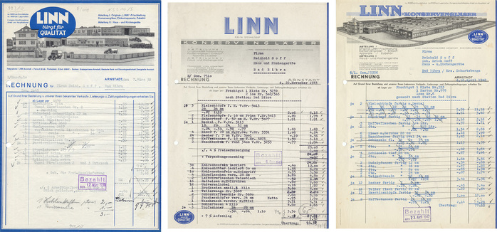 Linn invoices from 1938, 1942, 1943 (first image: muenzen-halle): Not exactly an example of brand continuity. The only constants seem to be the color blue and the badge saying &ldquo;Linn guarantees quality&rdquo;. None of them uses type for the &ldquo;LINN&rdquo; logo. In the two most recent ones (which were made by L&ouml;ffler & Co, Saalfeld) the complete letterhead is lettered &mdash; a reminder that the technical development was not a one-way street from lettering towards type.