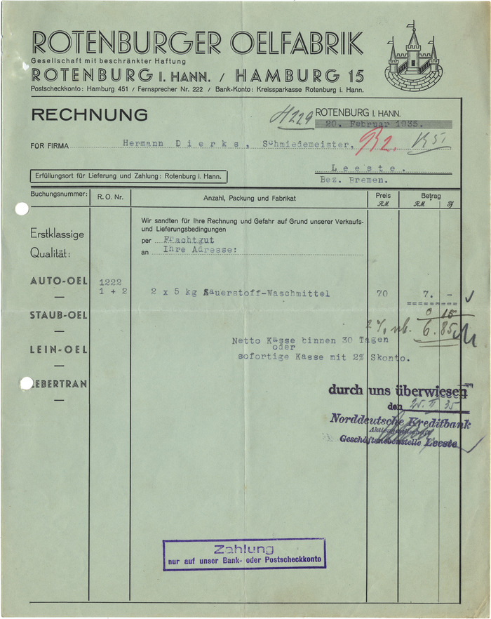 Rotenburger &Ouml;lfabrik invoice, 1935 1
