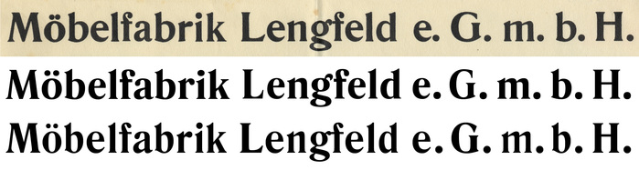 Among digital fonts, Rando Bold (Camelot, middle) and Romana Bold (Bitstream, bottom, tracked +20) come closest to the metal type used for the company&rsquo;s name.