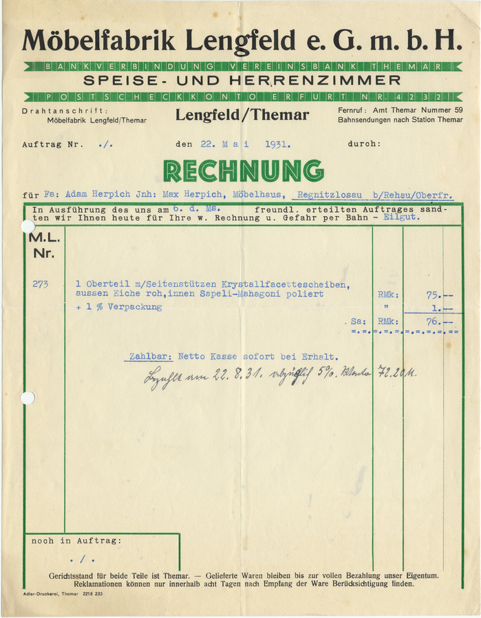 Möbelfabrik Lengfeld invoice, 1931 1