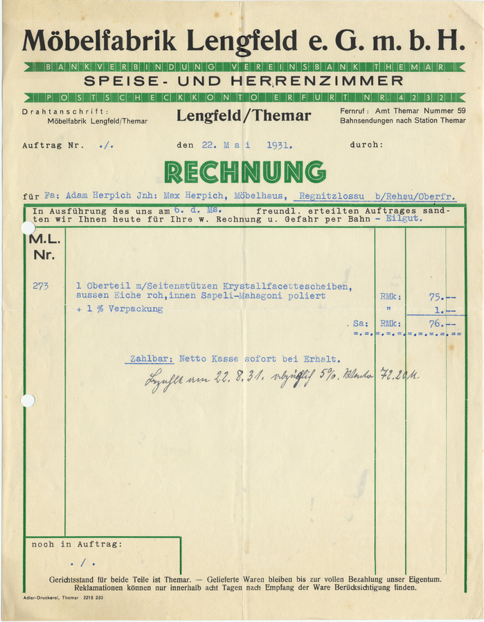 M&ouml;belfabrik Lengfeld invoice, 1931 1