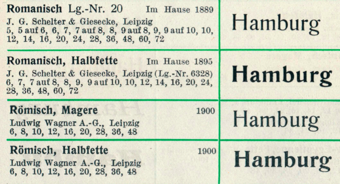 Snippets from Seemann’s Handbuch der Schriftarten (1926), showing Romanisch (Schelter & Giesecke) and Römisch (Ludwig Wagner).