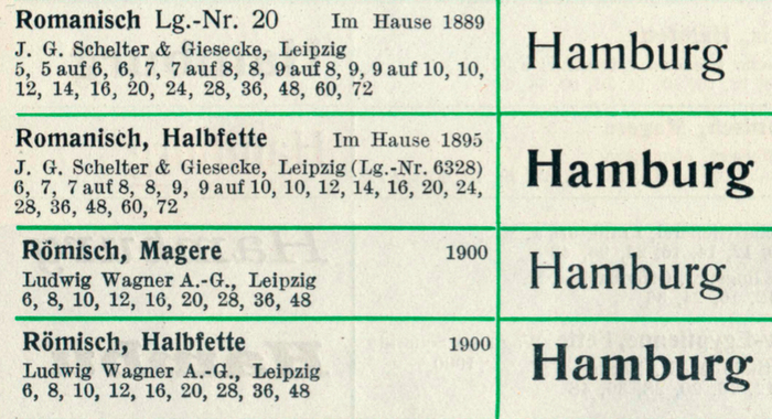 Snippets from Seemann&rsquo;s Handbuch der Schriftarten (1926), showing Romanisch (Schelter & Giesecke) and R&ouml;misch (Ludwig Wagner).