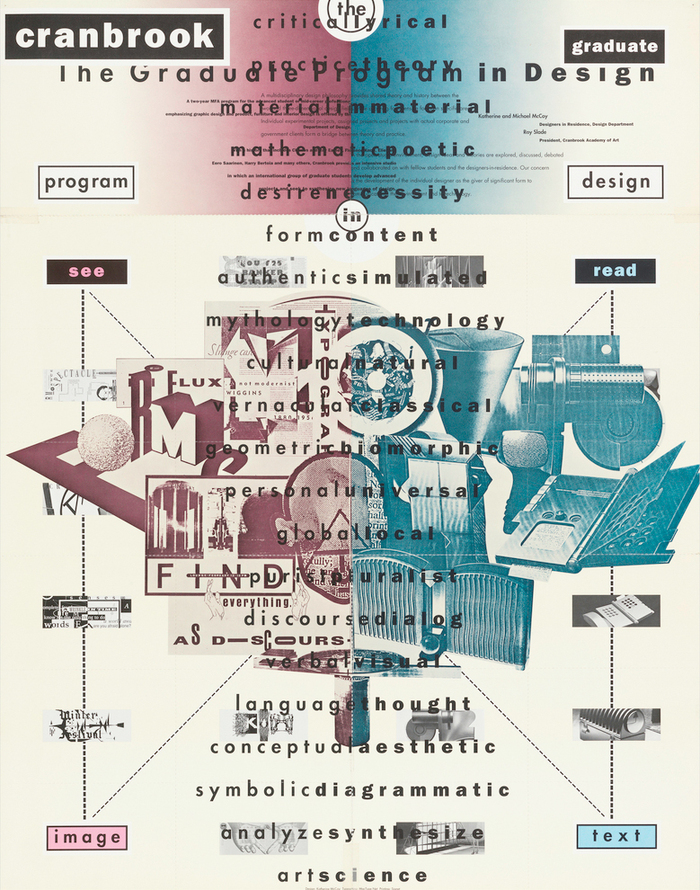 Poster, Cranbrook Graduate Program in Design, 1989; Designed by Katherine McCoy (American, b. 1945); offset lithograph on heavy perforated card stock; 71.1 x 55.7 cm (28 x 21 15/16 in. ); Gift of Ken Friedman; 1997-19-287