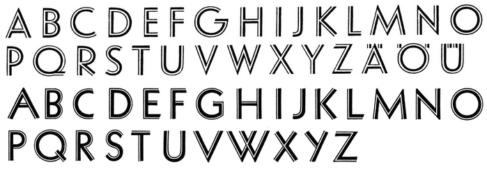 Lux (top, Ludwig & Mayer) and Zeppelin (bottom, Gebr. Klingspor) were both released in 1929. In Jakob Erbar&rsquo;s design, a continuous white heartline takes precedence over the black, see letters like &lsquo;A&rsquo;, &lsquo;E&rsquo;, or &lsquo;R&rsquo;.