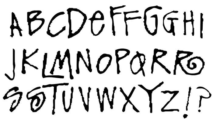 In the early 1990s, type design hobbyist Scott Yoshinaga drew an all-caps alphabet with a handful of alternates, roughed it up with a photocopier, and then let Fontographer’s autotrace feature work its grungey/bitmappy magic on the outlines. The result is FunkyFresh, a font that has been passed around shareware and free font archives for over 20 years. This sample represents most of the glyph set, omitting just a few punctuation marks.
