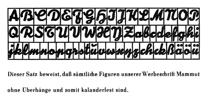 Mammut was advertised as the “indestructible inclined typeface without any overhangs”. Being “kalanderfest” was an important feature for impressing cardboard mats, or flongs, in the stereotyping process, see this post about Prägefest.