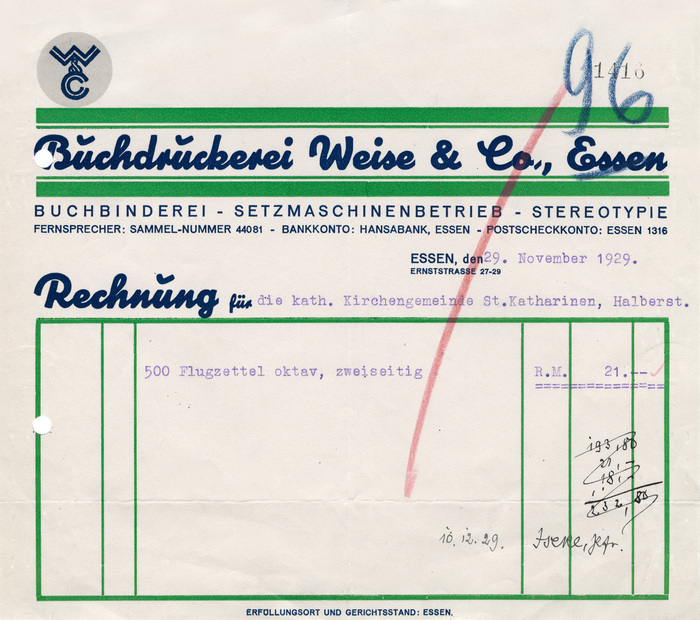 Buchdruckerei Weise & Co. invoice, 1929 1