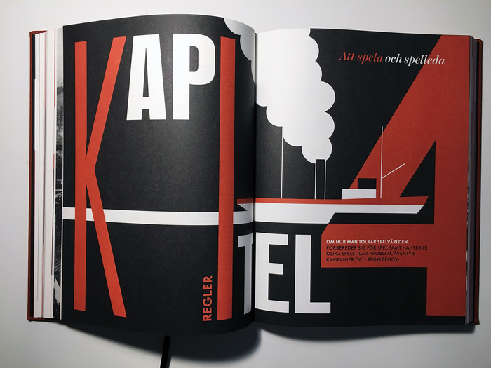 Every chapter of the book begins with these kind of spreads, where the chapter number, title and description is presented in a constructivist style.