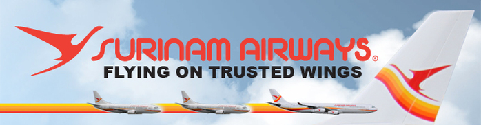 The Surinam Airways logo with the slogan in Arial Black: Flying on trusted wings … of a pterosaur?