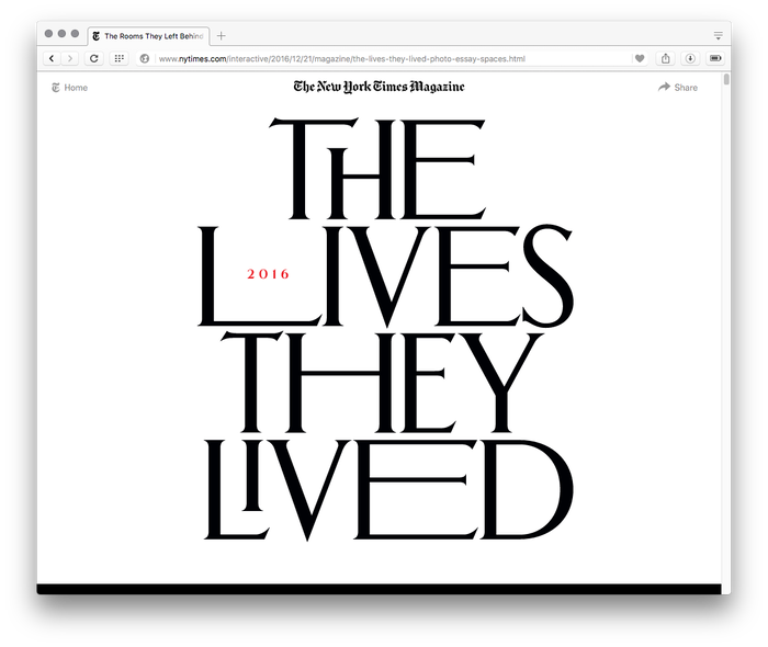The New York Times Magazine, “The Lives They Lived” 2016 issue, online edition 1