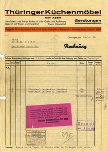 Thüringer Küchenmöbel invoice, 1938