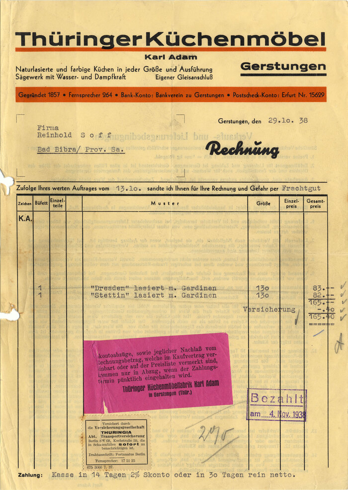 Thüringer Küchenmöbel invoice, 1938 1