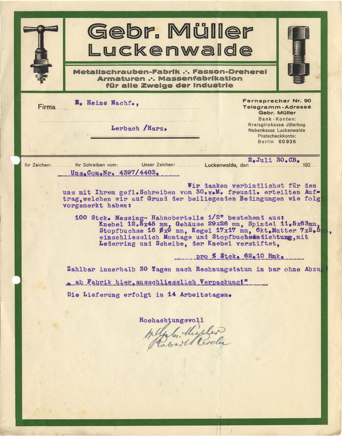 Gebr. Müller Luckenwalde letterhead, 1930 1