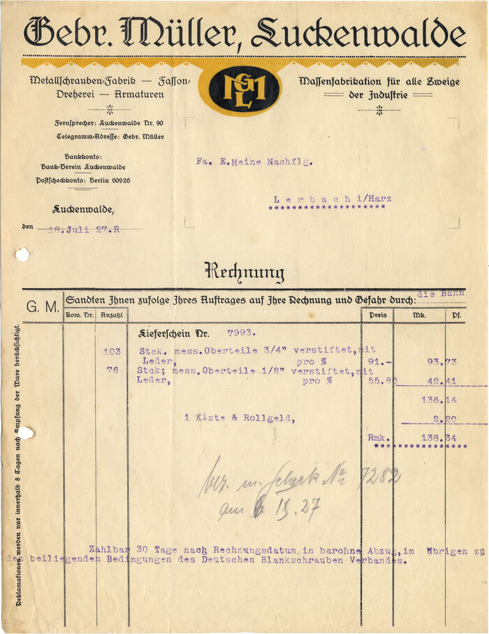 Gebr. Müller Luckenwalde invoice, 1927 1