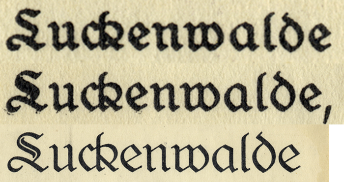 “Luckenwalde” in three sizes from metal Liebing-Type, from small (top) to large (bottom). When scaled to the same display size, the smaller sizes not only appear a lot bolder with less pronounced details, they also set considerably wider. The medium size has the ‘L’ with double-stroke spine, but the interspace fell victim to ink spread. The crowded design of the ‘ck’ ligature didn’t do well in the smaller sizes either.