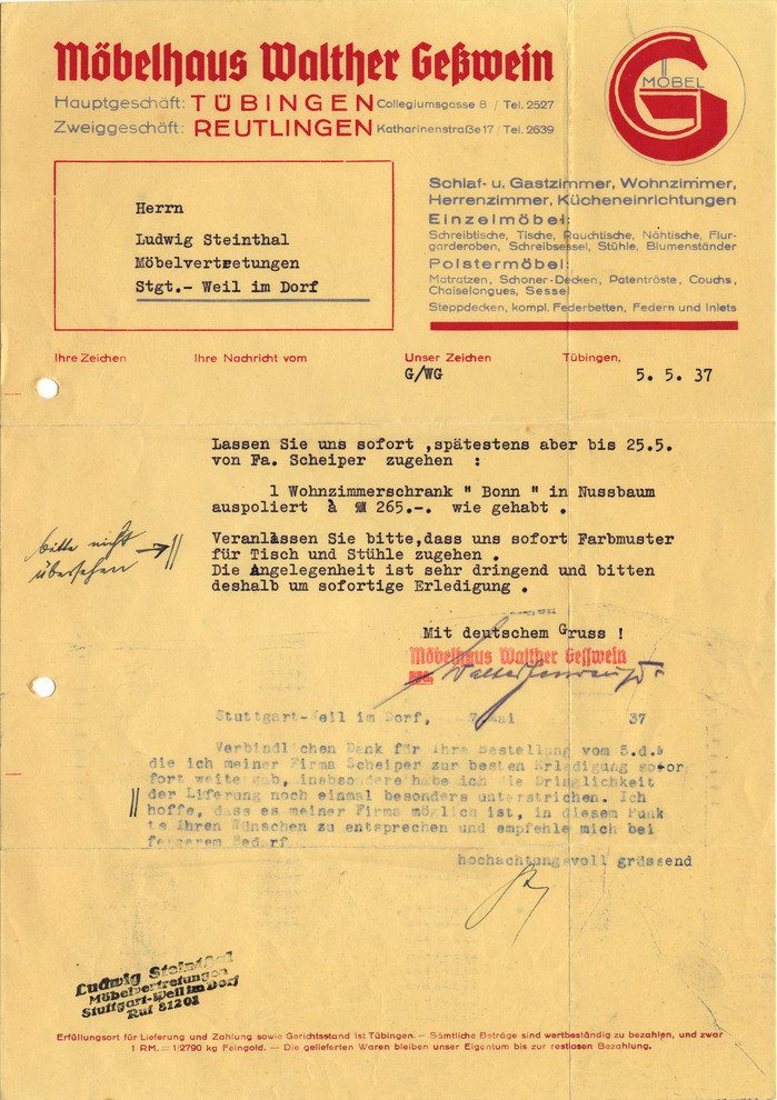 M&ouml;belhaus Walther Ge&szlig;wein letter, 1937 1
