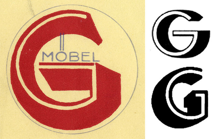 The logo with the big red &lsquo;G&rsquo; is not from a font, but was custom drawn. This kind of three-dimensional treatment was very much in vogue in type, too. For comparison: Arno Drescher&rsquo;s Helion (Schriftguss, top) and Willy Schaefer&rsquo;s Neon (C.E. Weber, bottom), two related typefaces that were both released in 1935.