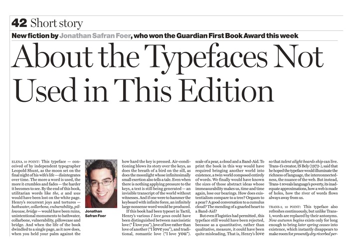“About the Typefaces Not Used in This Edition” — Jonathan Safran Froer, The Guardian 1